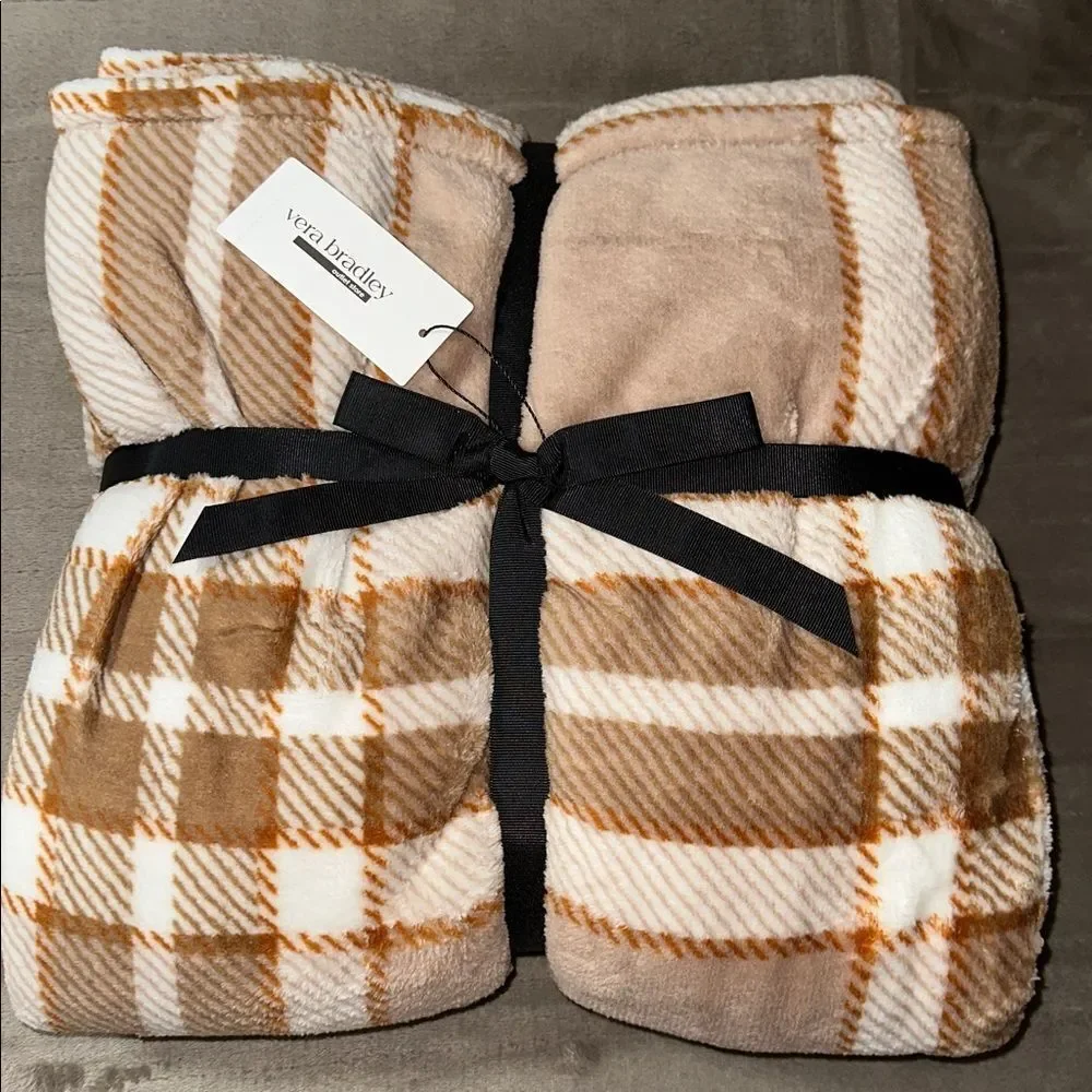 VERA BRADLEY Tan Ivory Brown Plaid Essential Throw Blanket in Fleece